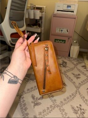 Free People Tan Vegan Leather Wristlet Wallet Clutch